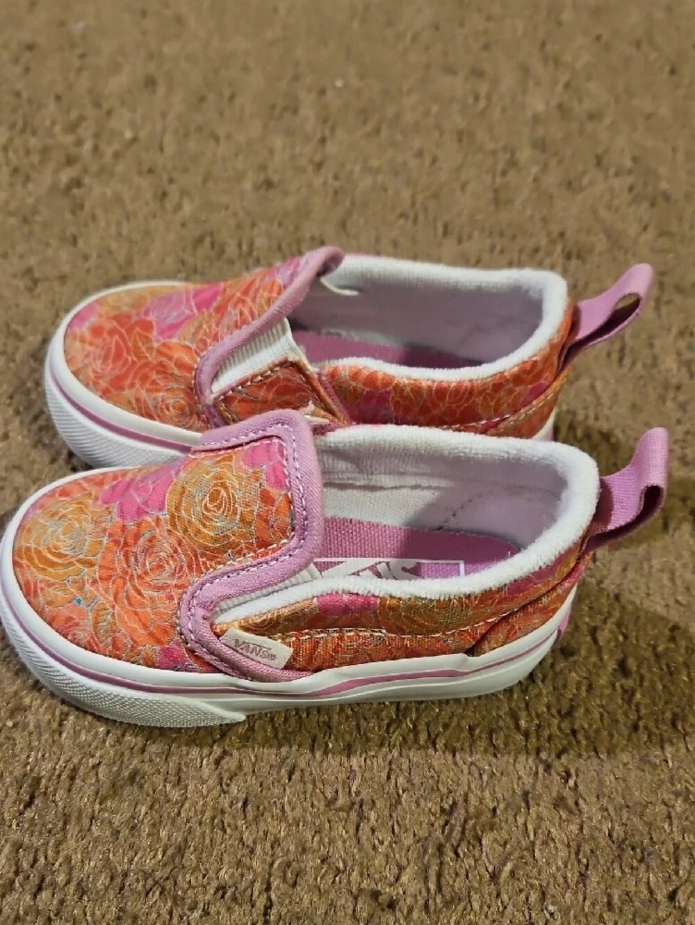 Vans Toddler Girls Floral Slip-On Sneakers in Pink and Orange